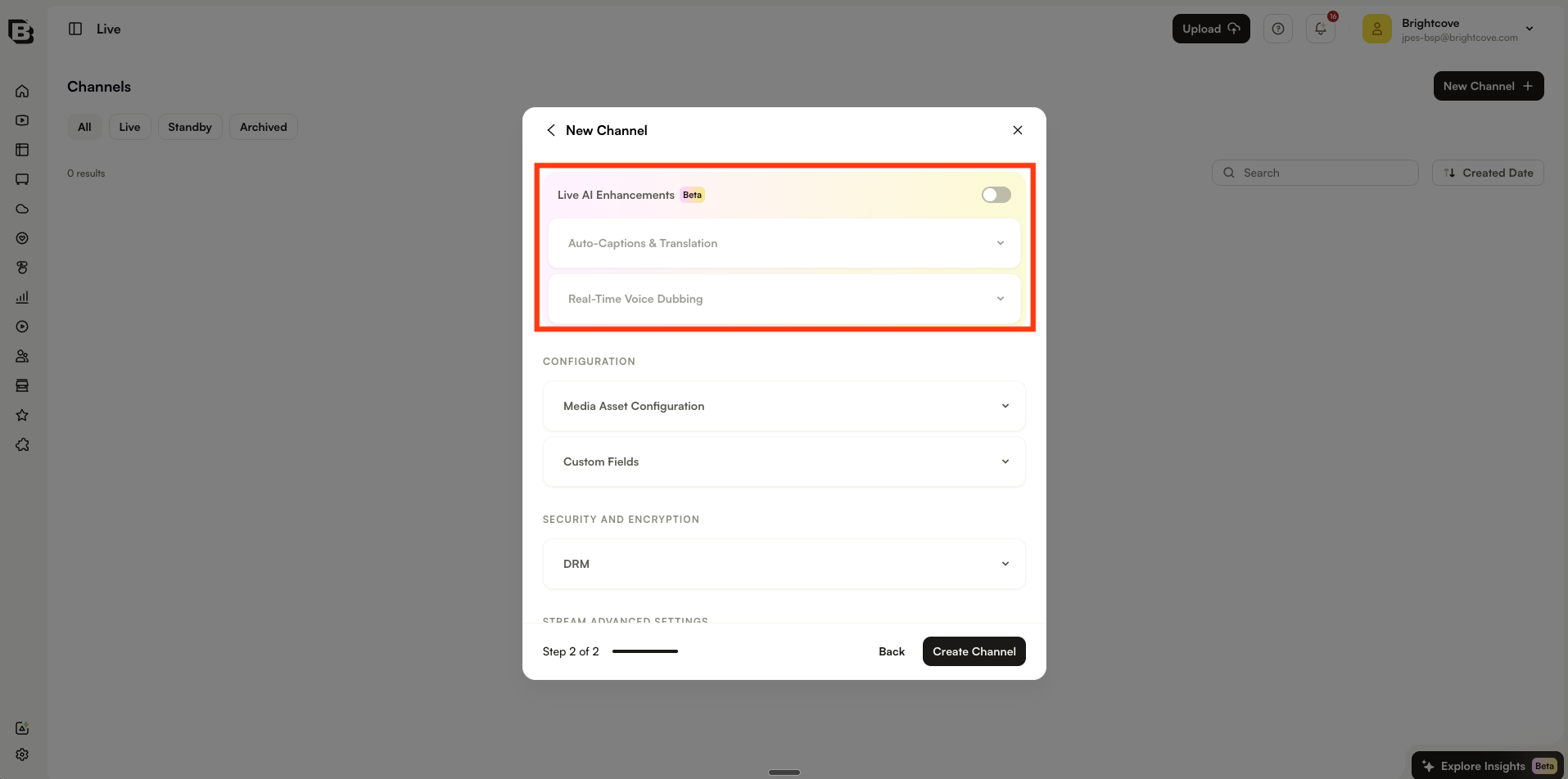 New Channel dialog showing the Live AI Enhancements toggle