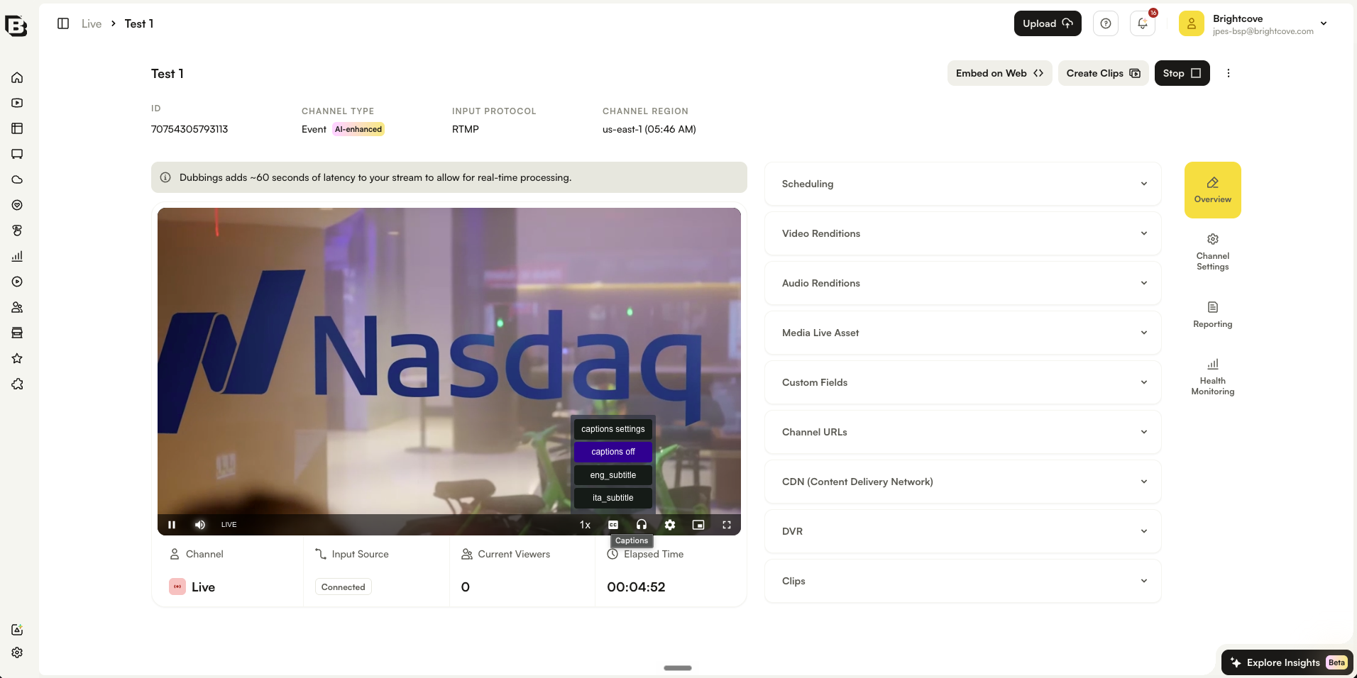 Live channel player showing generated caption options