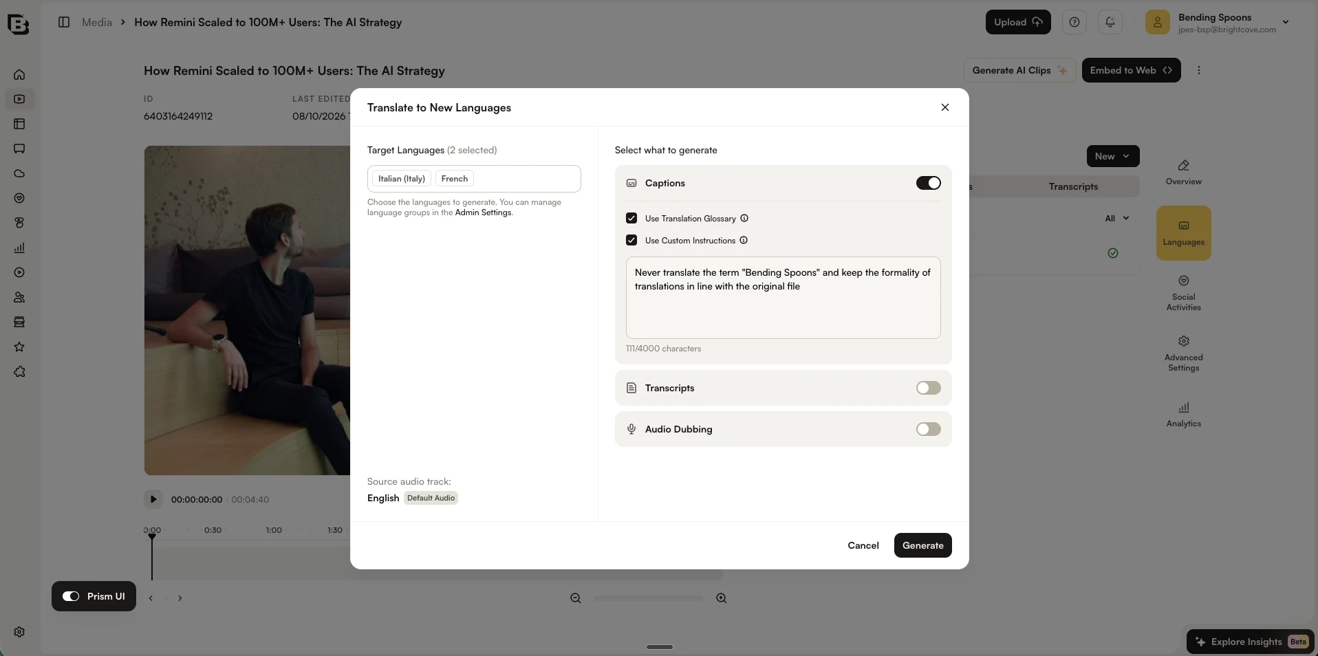 Translate to New Languages dialog showing the Use Translation Glossary and Use Custom Instructions options