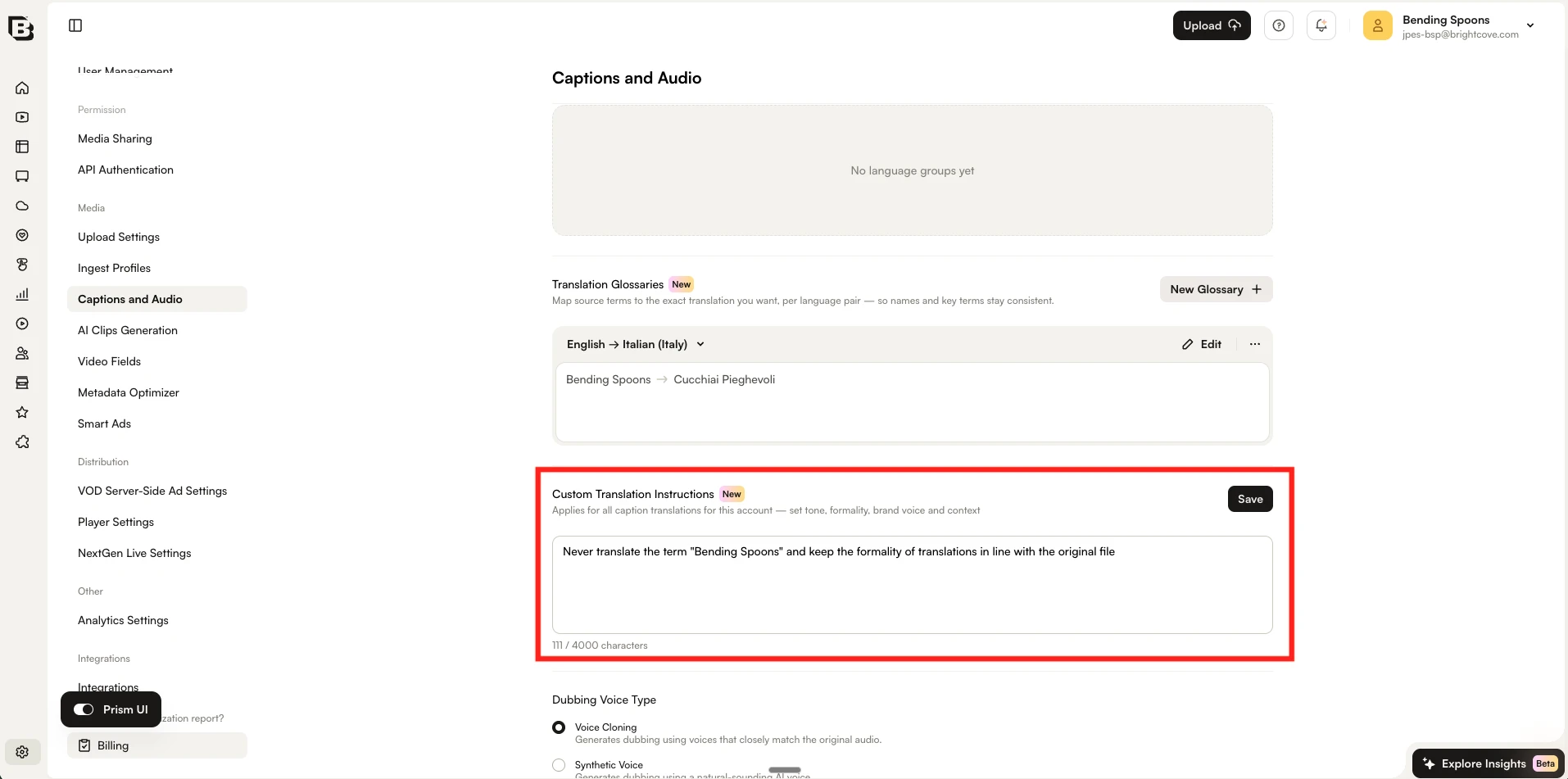 Custom Translation Instructions field filled in with example instructions and the Save button