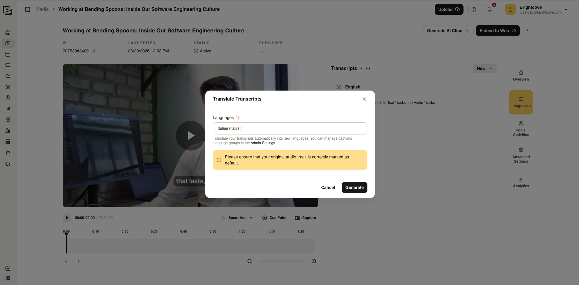Translate Transcripts dialog with target language selection
