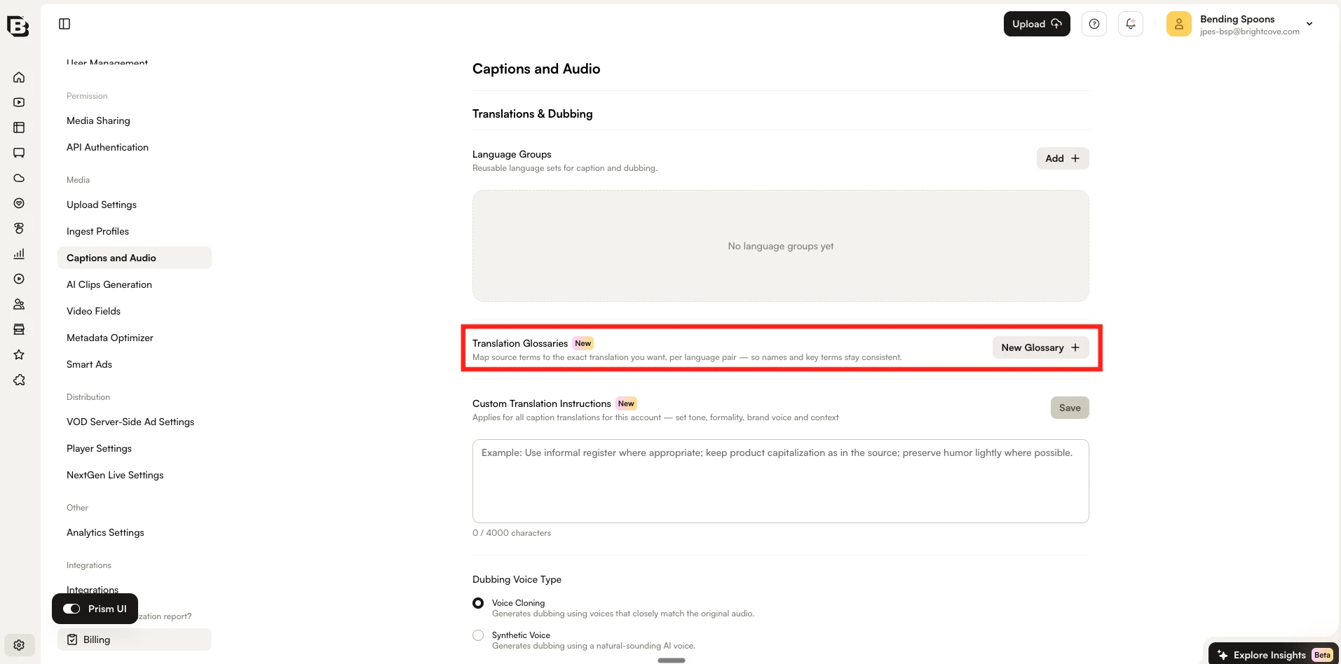Translations and Dubbing section showing the Translation Glossaries and Custom Translation Instructions options