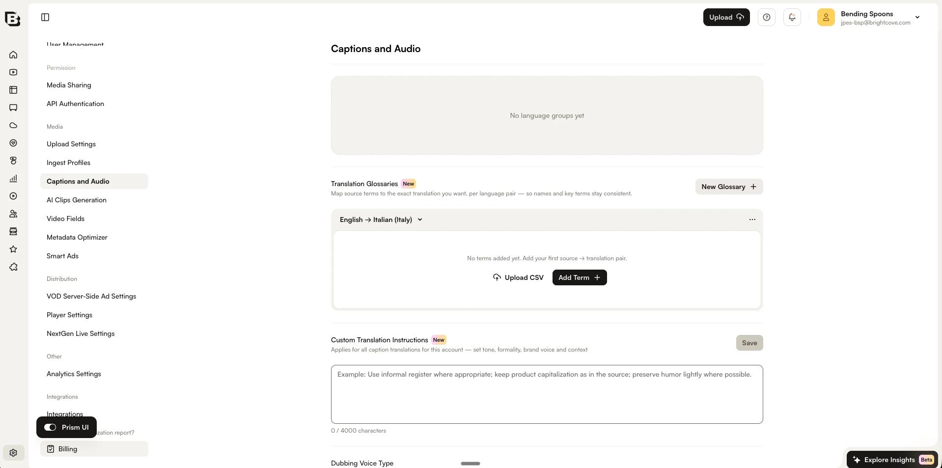 Empty Translation Glossary for a language pair with Upload CSV and Add Term options
