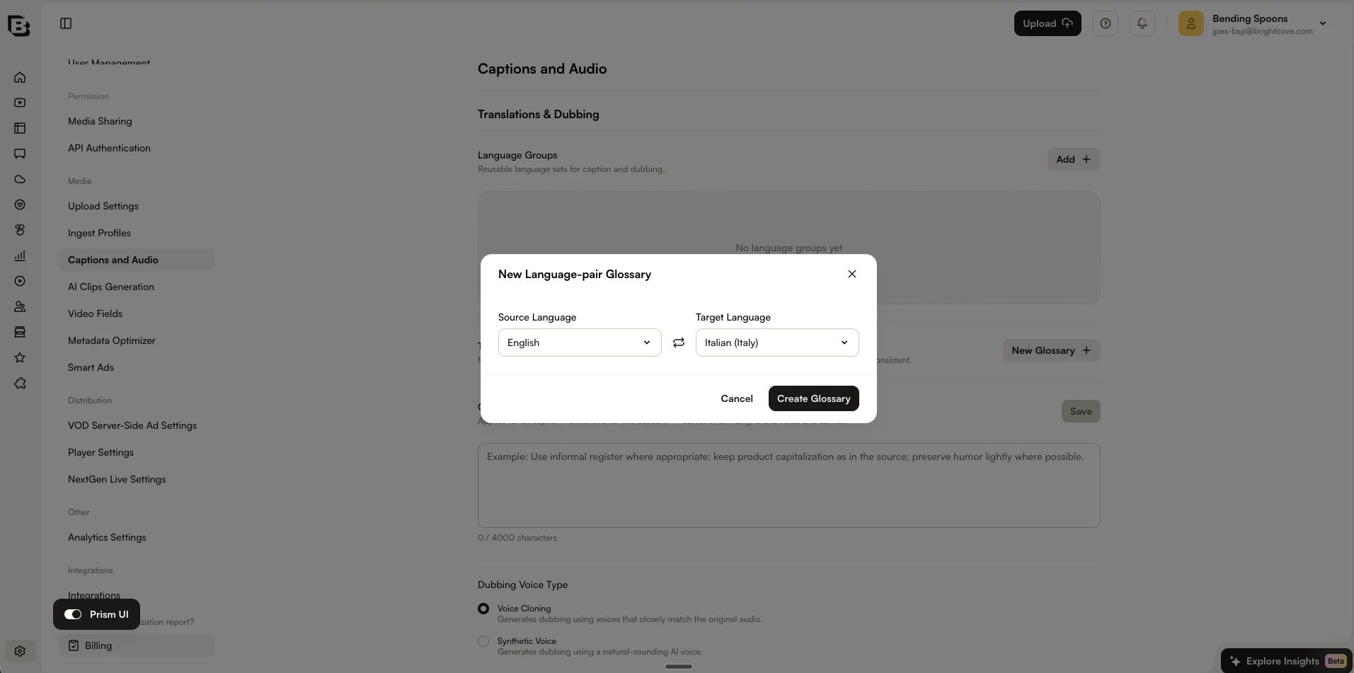 New Language-pair Glossary dialog with Source Language and Target Language selectors