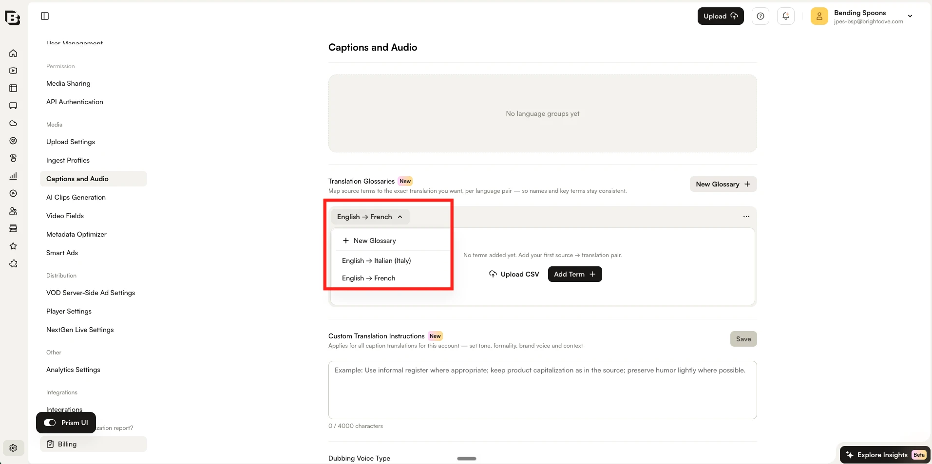 Dropdown for switching between Translation Glossaries for different language pairs