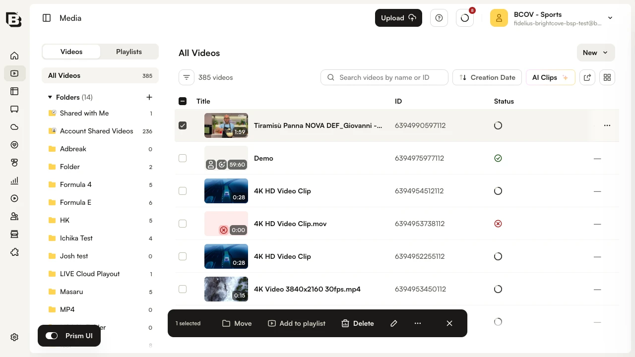 Selection action bar at the bottom of the Media list showing Move, Add to playlist, Delete and More actions buttons