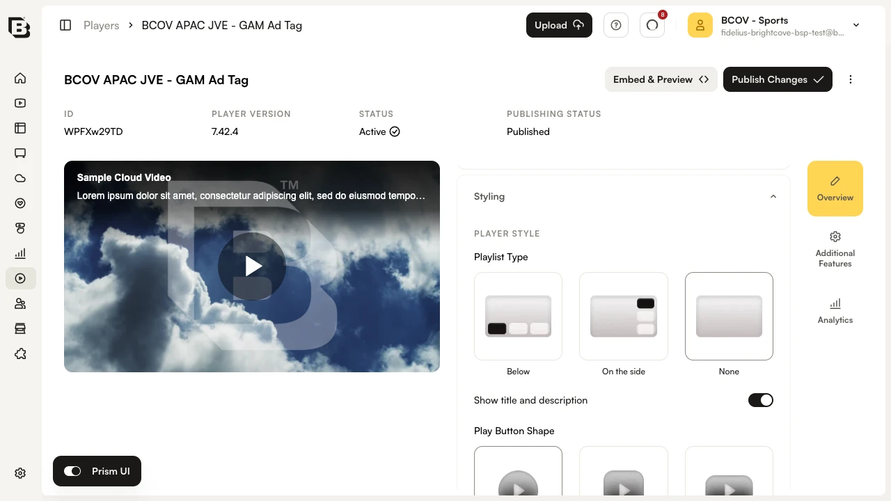 Styling section showing Show title and description, Play Button Shape options and the COLOR THEME panel with a Reset theme button