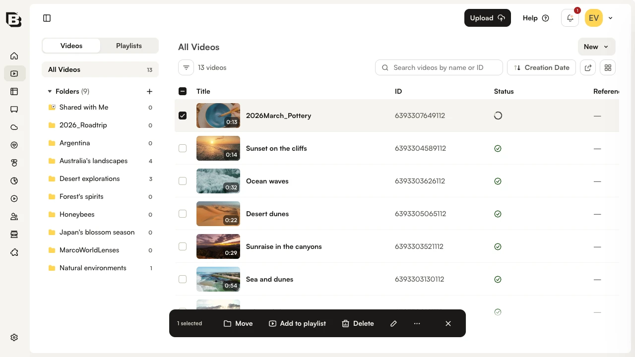 Bulk-action bar showing Move, Add to playlist, Delete, edit, and More actions buttons