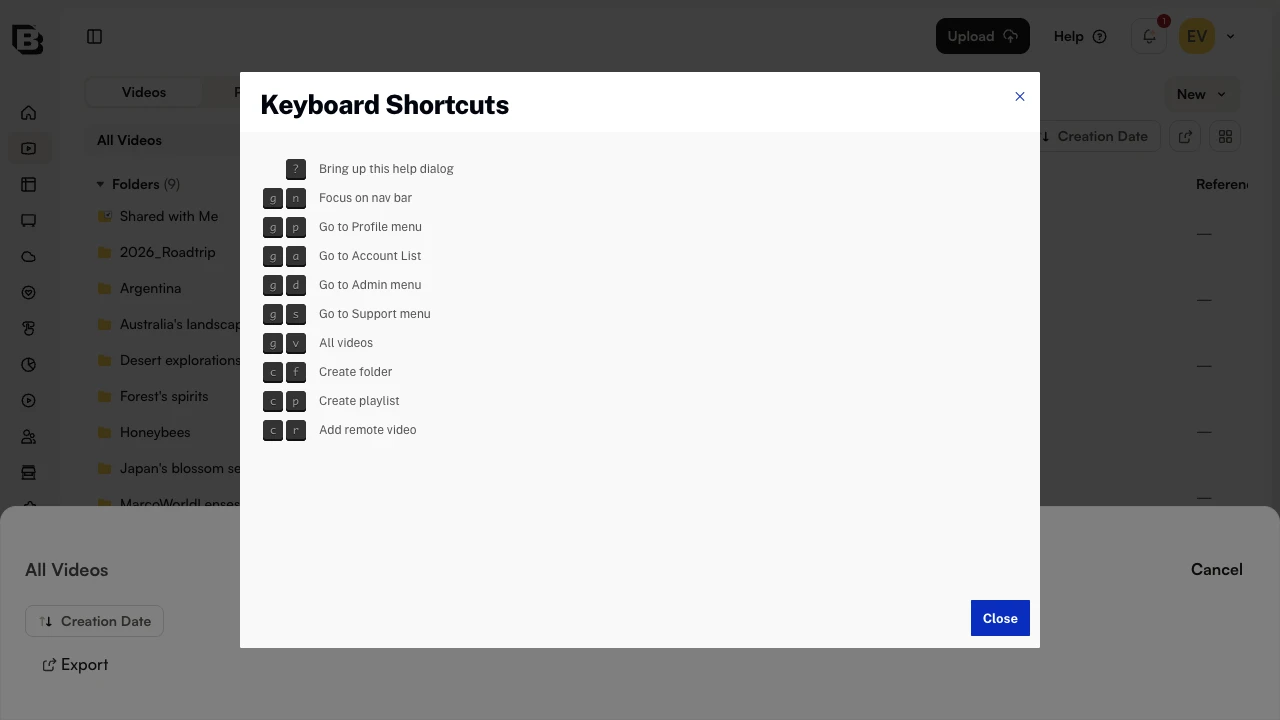 Keyboard Shortcuts dialog