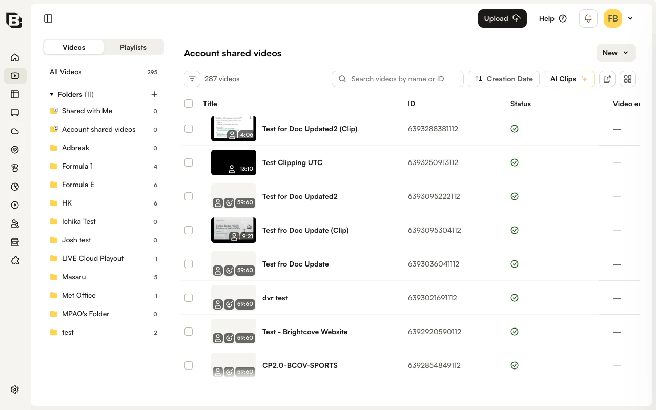 Media module list view with Folders panel, Videos tab, and toolbar