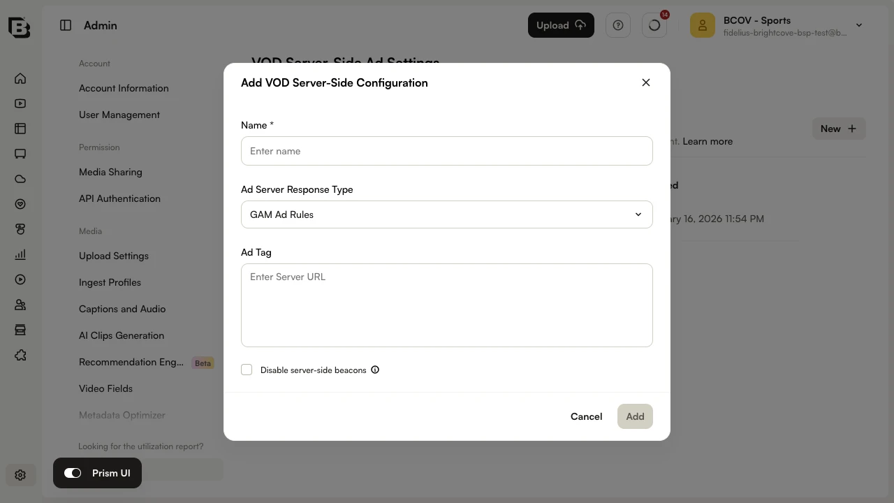 Add VOD Server-Side Configuration dialog