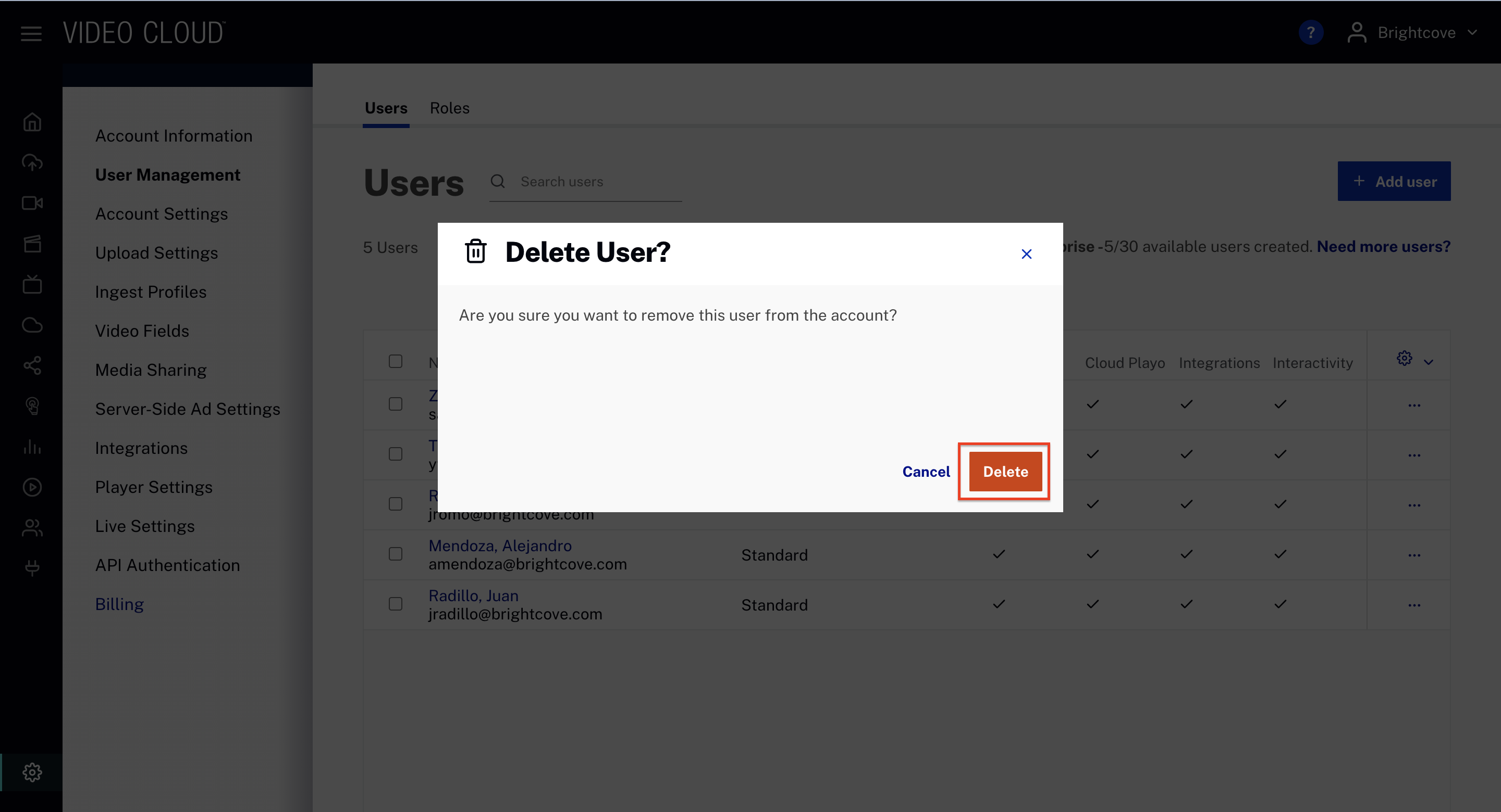 Delete user UI