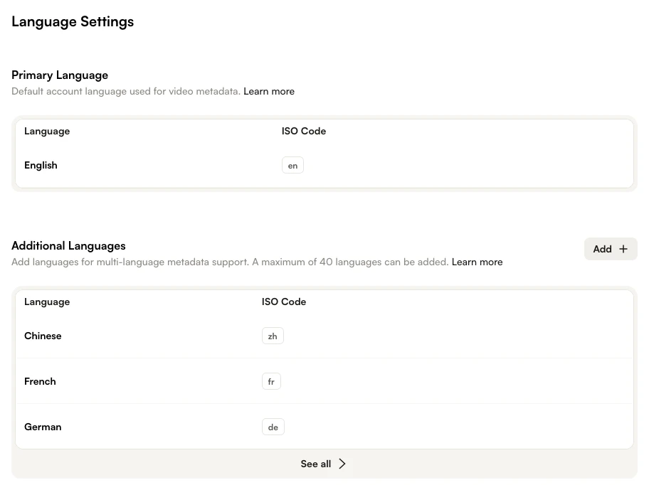 Language Settings page showing the Primary Language and Additional Languages sections