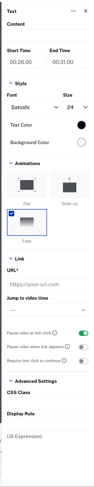 Text overlay editor panel