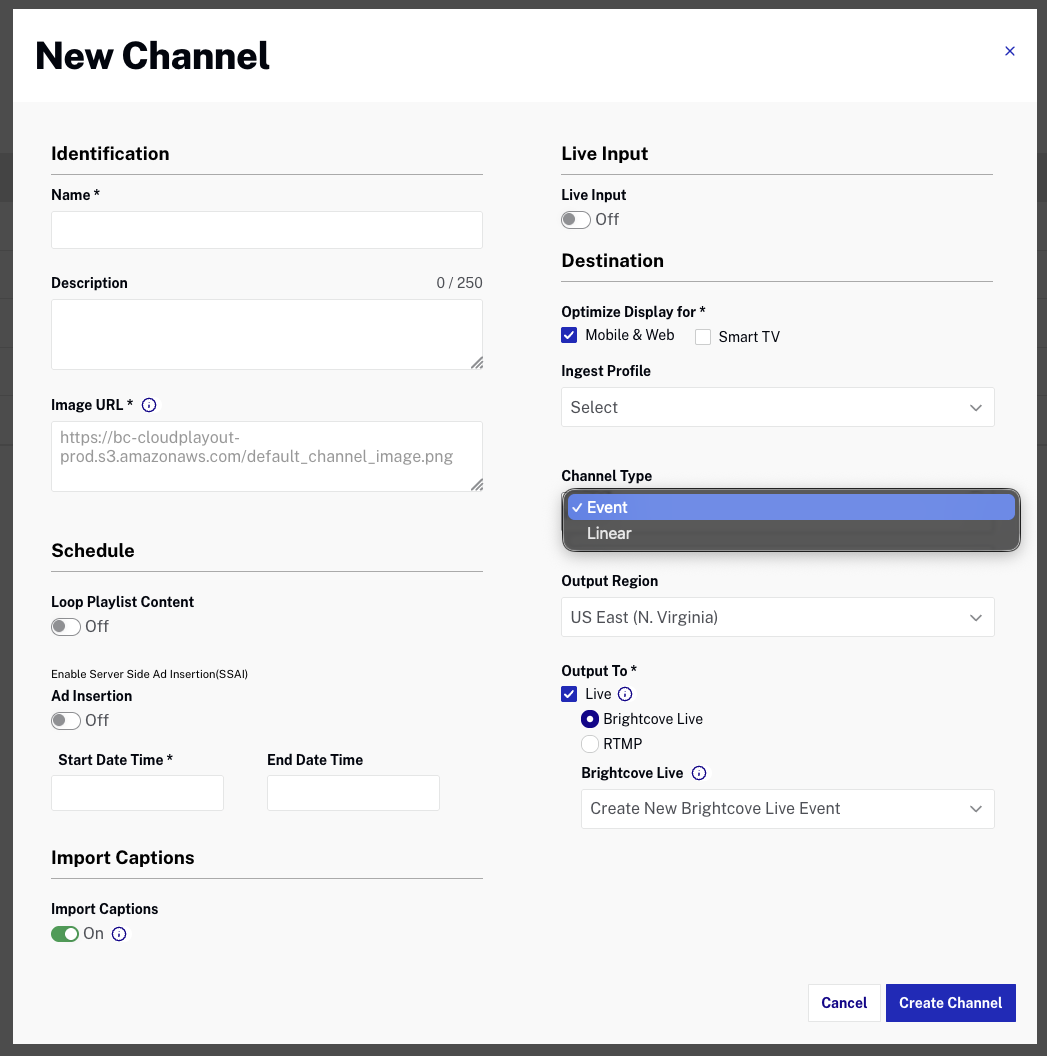 Channel Type dropdown