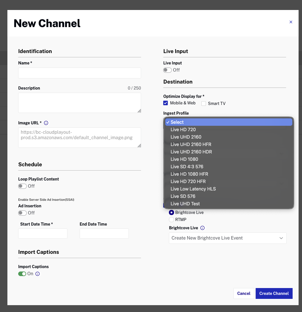 Ingest Profile dropdown