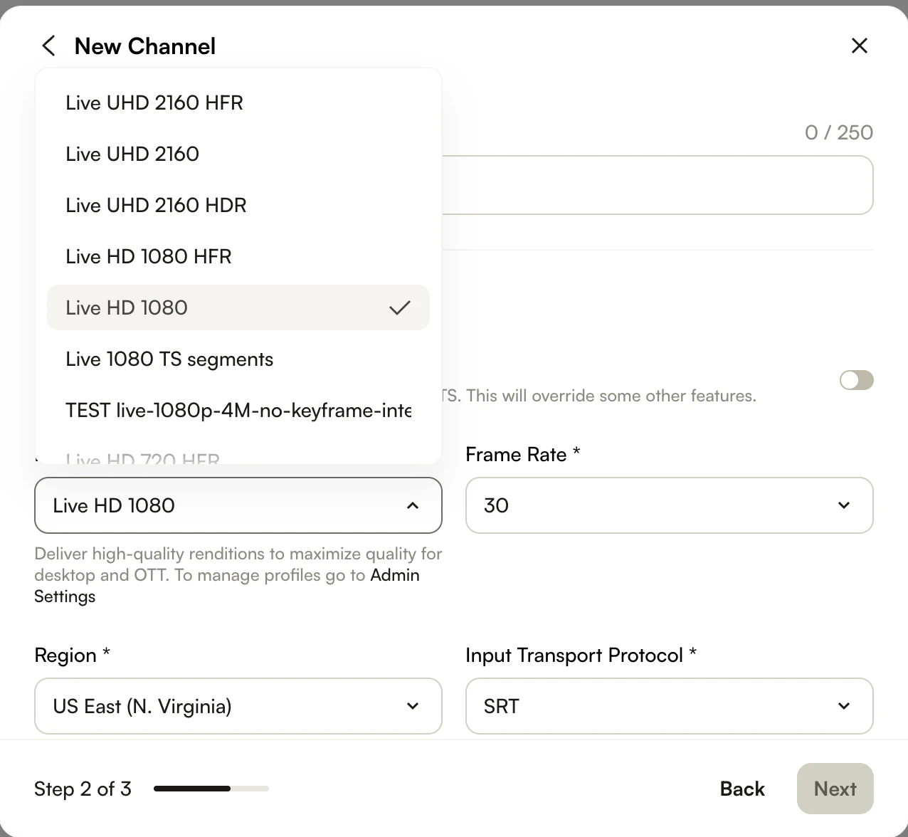 Select the Renditions Profile when creating a new live channel