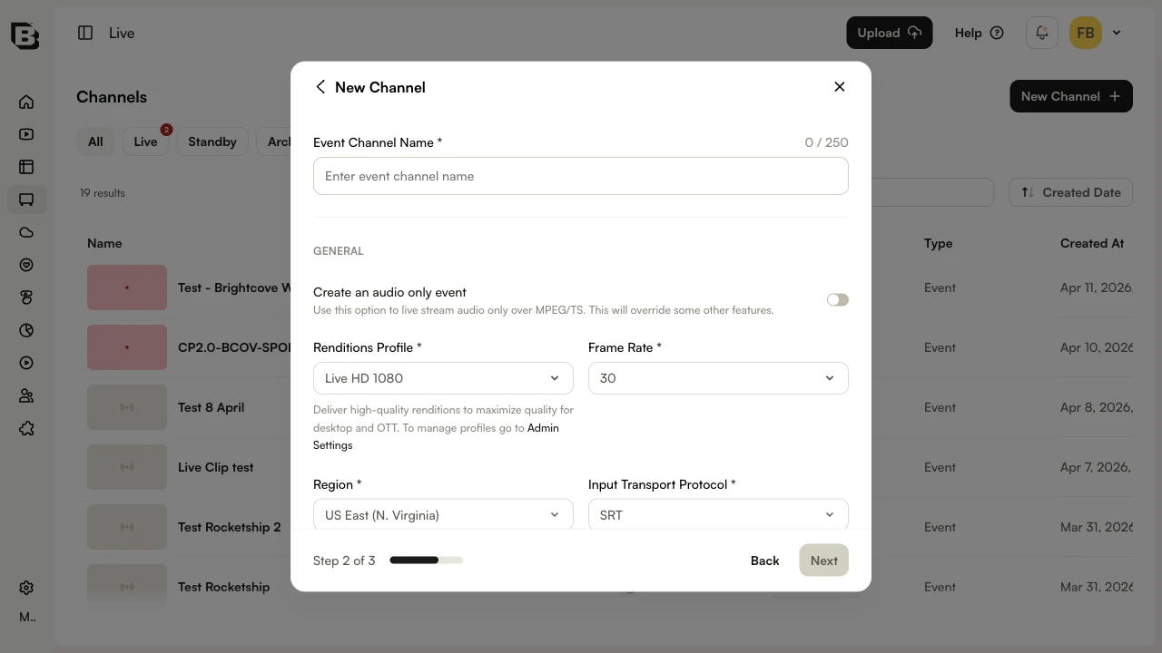 New Channel step 2 showing channel configuration form