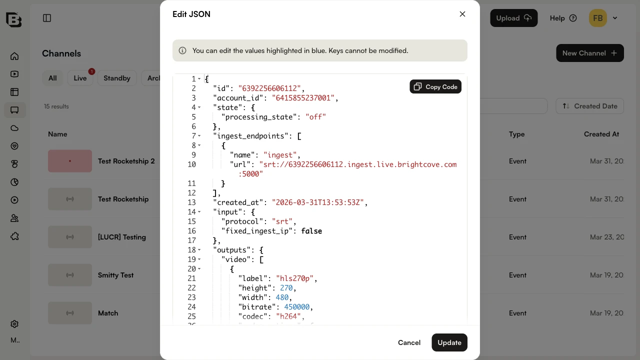 JSON editor for channel configuration