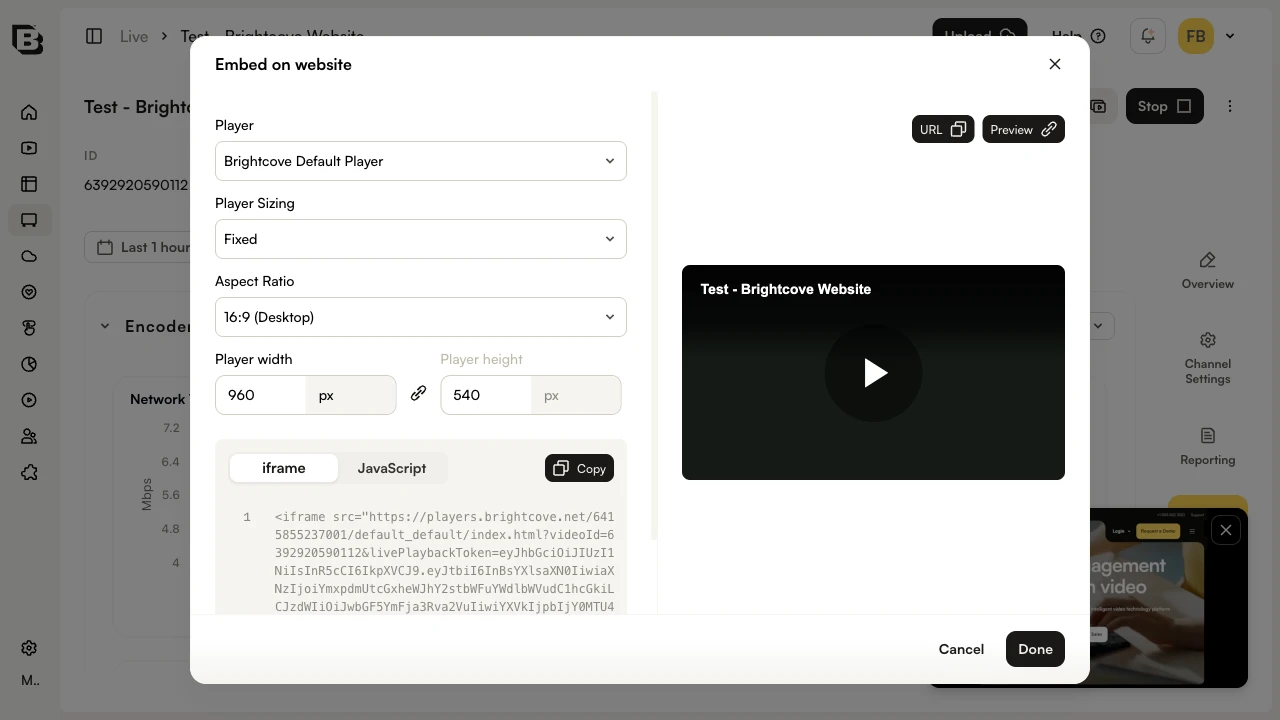 Embed on Web dialog showing player selection and embed code
