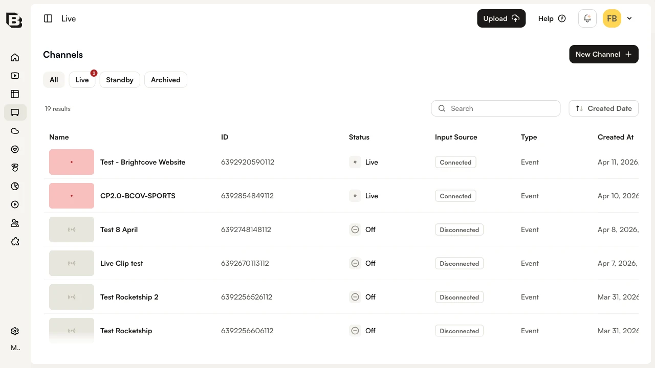 Channels page in the Live module