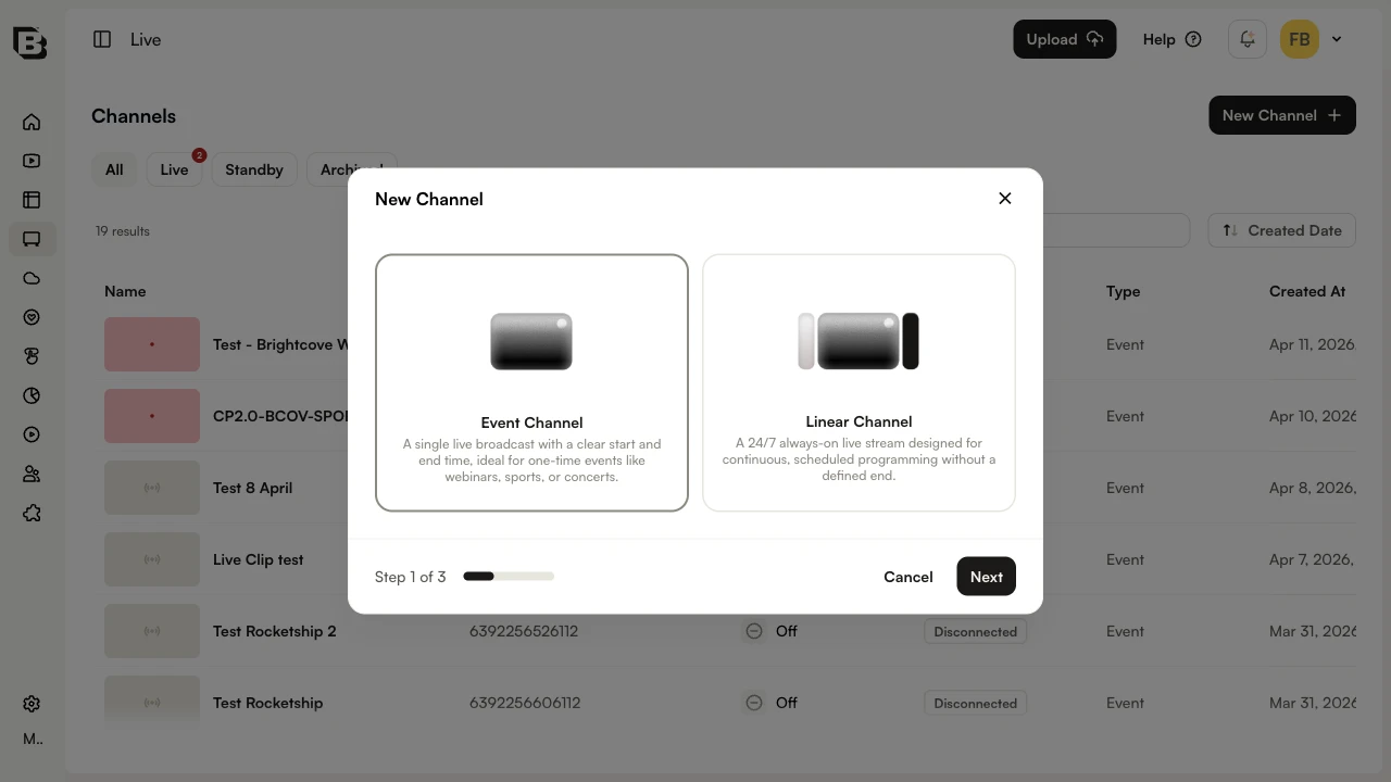 New Channel wizard showing Event Channel and Linear Channel options
