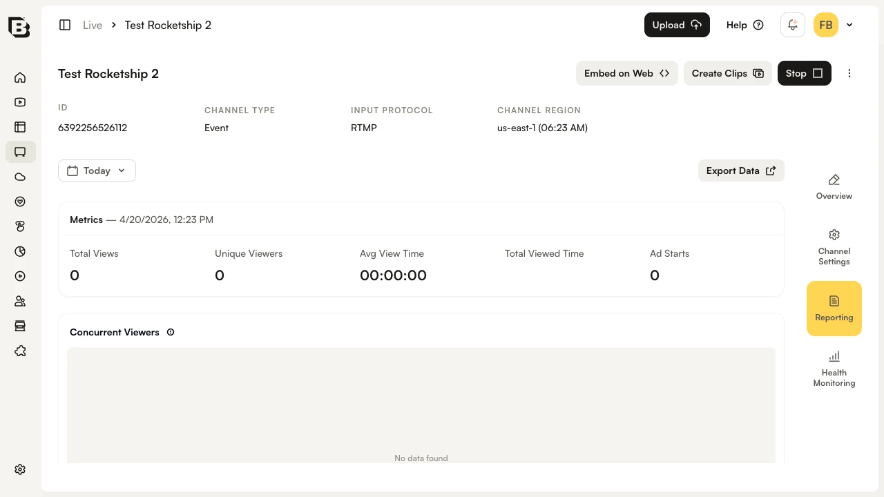Reporting view showing metrics summary with Total Views, Unique Viewers, Avg View Time, and Concurrent Viewers graph