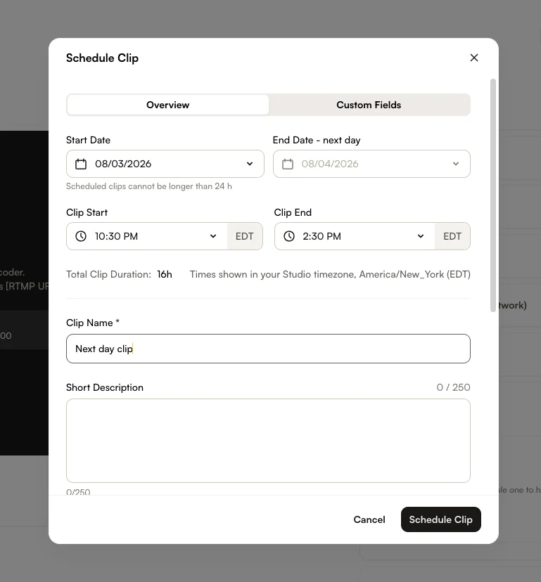 The Schedule Clip dialog for a clip window that crosses midnight, showing Start Date alongside a read-only End Date - next day and a 16-hour total duration