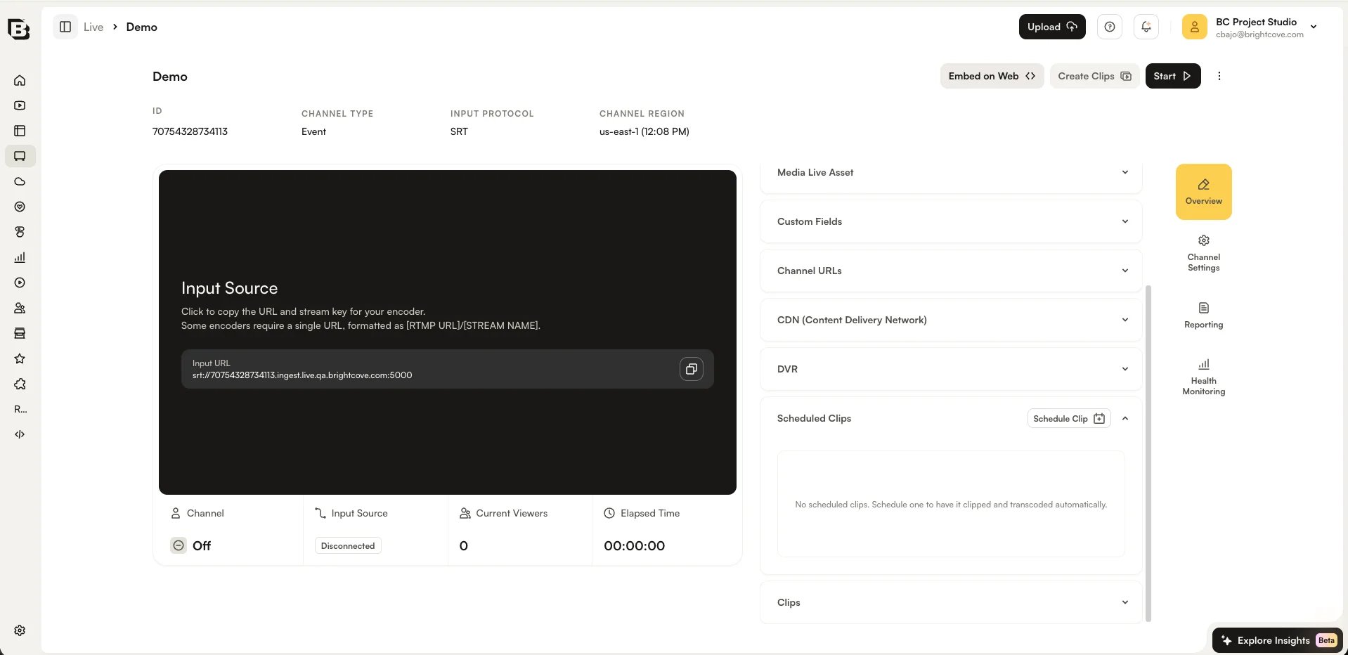 The Scheduled Clips card expanded in the Control Room Overview tab, directly above the Clips card, with a Schedule Clip button in its header