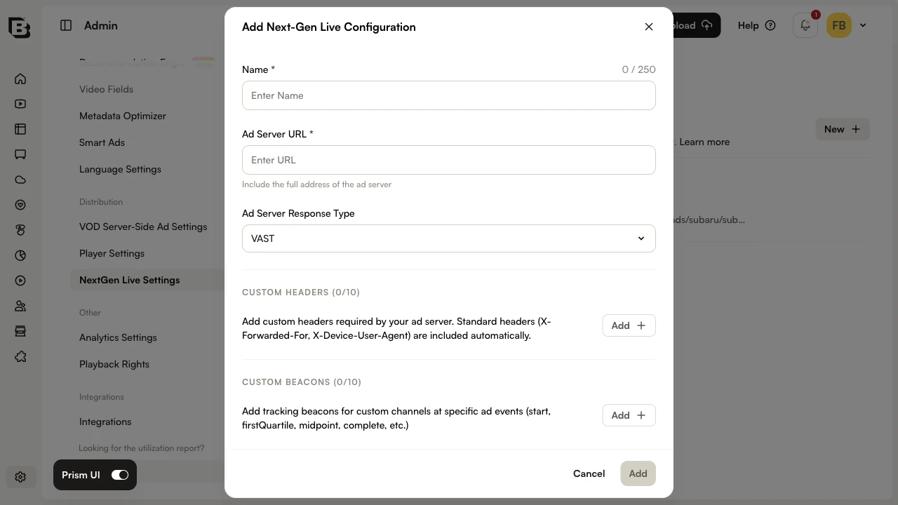 Add Next-Gen Live Configuration form with Name, Ad Server URL, Ad Server Response Type, Custom Headers, and Custom Beacons fields