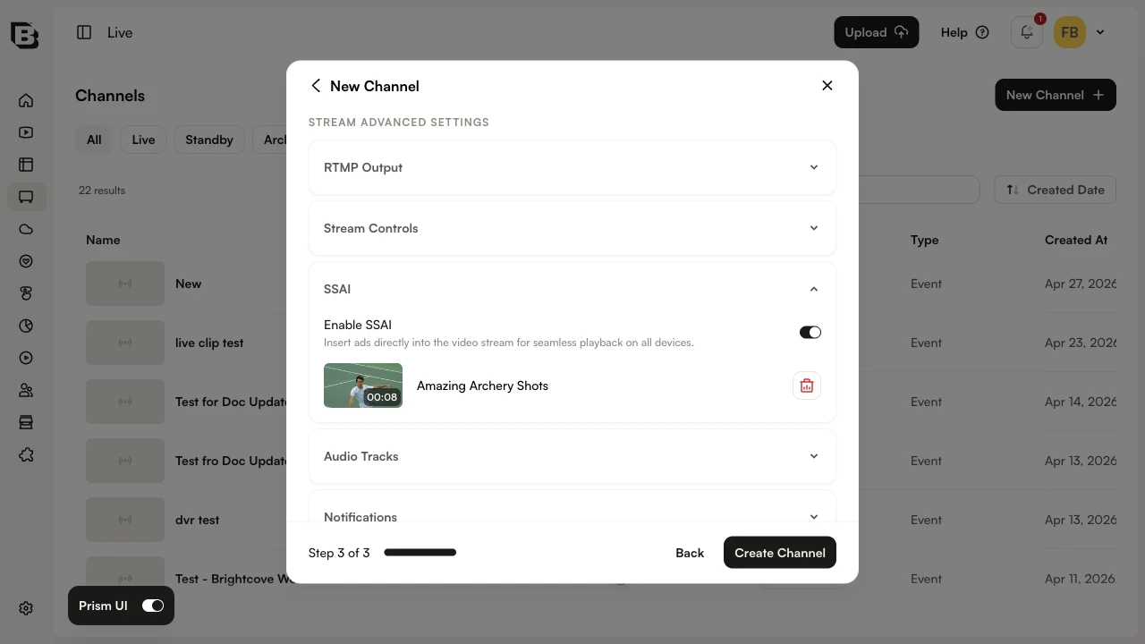 New Channel wizard Step 3 showing the SSAI accordion expanded, Enable SSAI toggle on, and a fill slate video selected