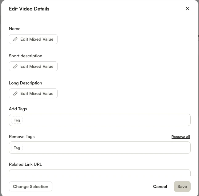 Edit Video Details modal with Name, description, Tags, and other property fields