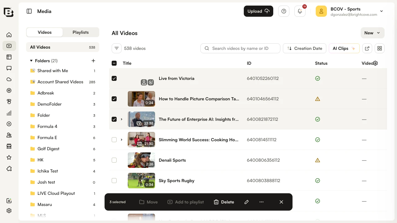 Videos selected with the bulk-action bar at the bottom of the page