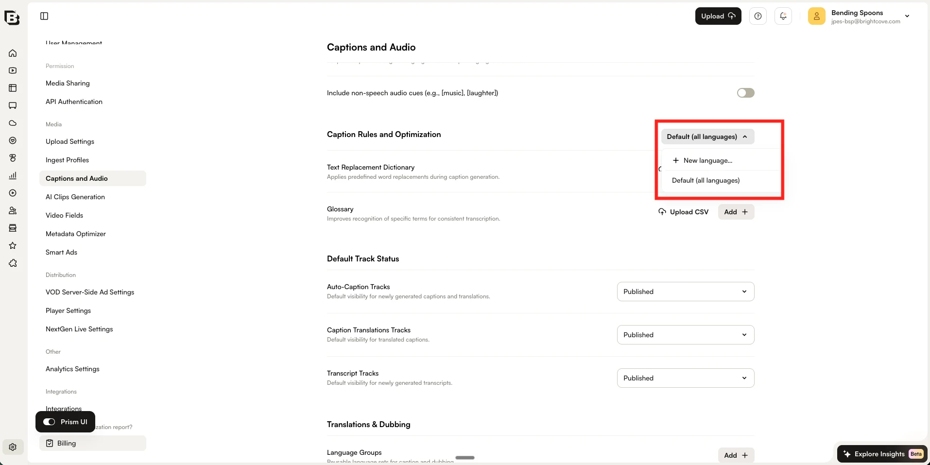 Caption Rules and Optimization language dropdown showing the New language option