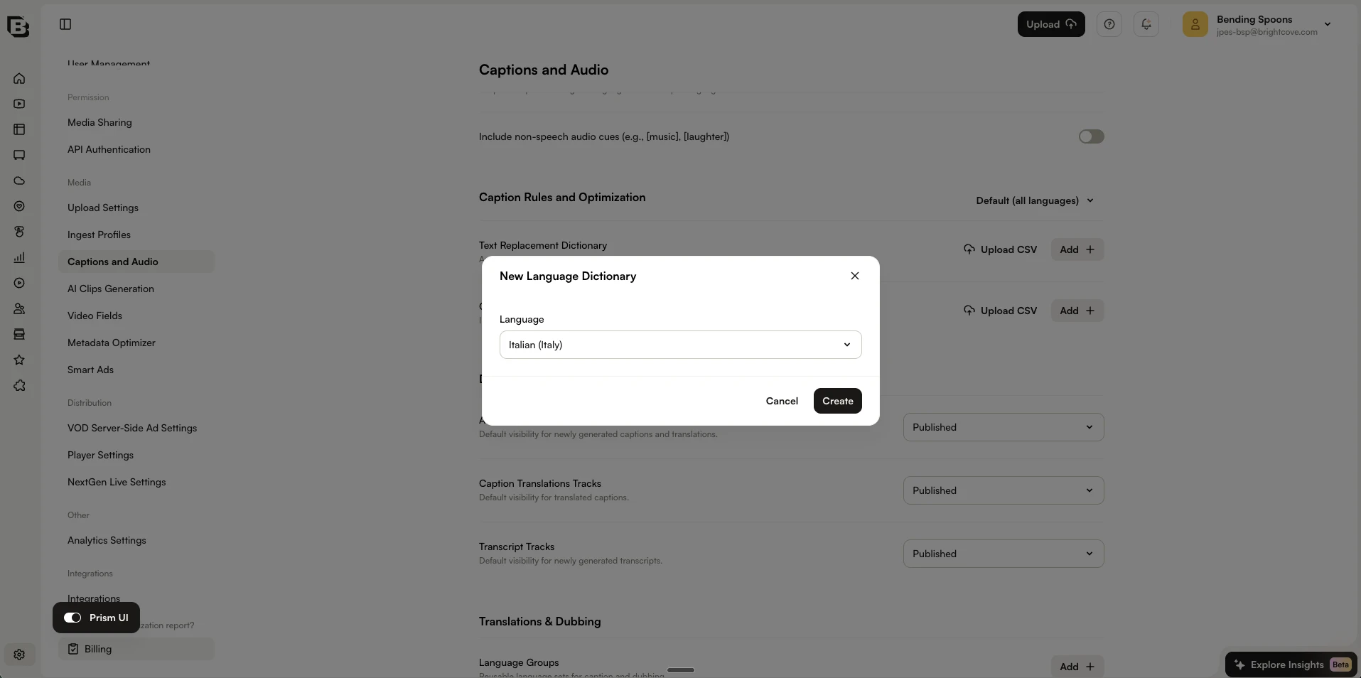 New Language Dictionary dialog with a language selected