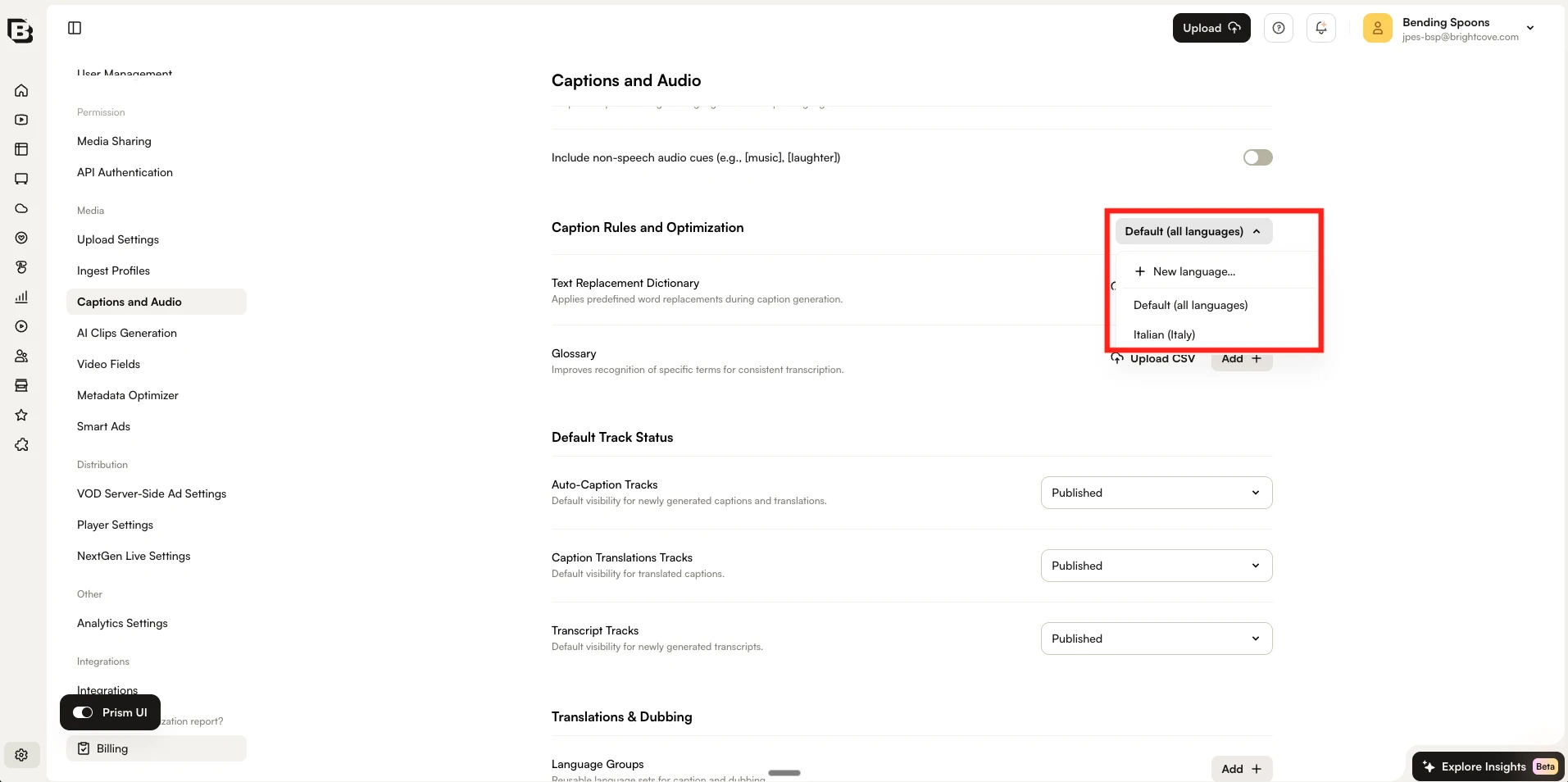 Language dropdown showing Default (all languages) and the newly created language