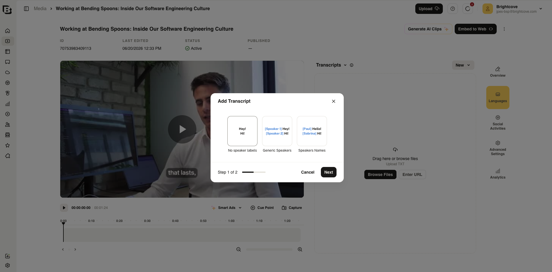 Add Transcript dialog showing speaker label options