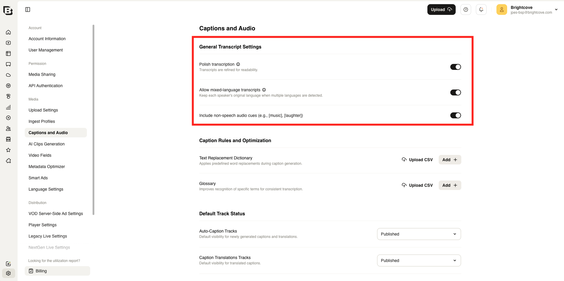 Admin Captions and Audio page showing General Transcript Settings