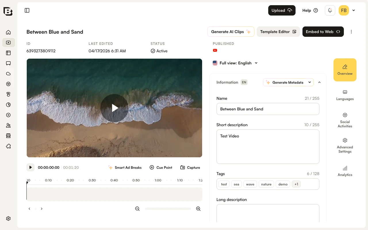Video details page top bar with Template Editor button