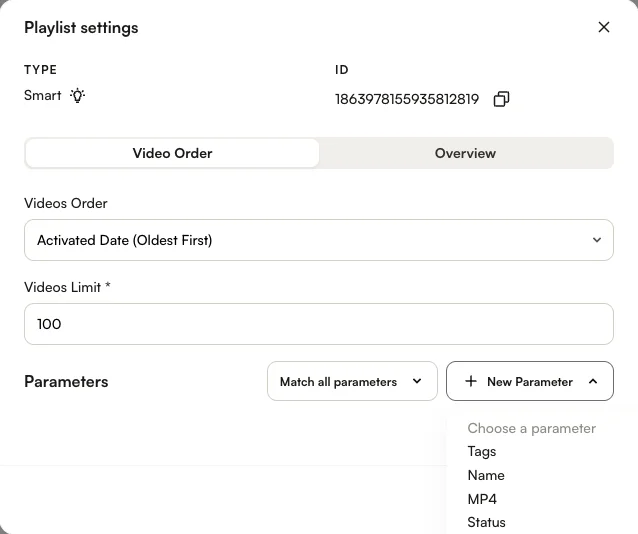 New Parameter dropdown listing Tags, Name, MP4, Status, and other parameter types