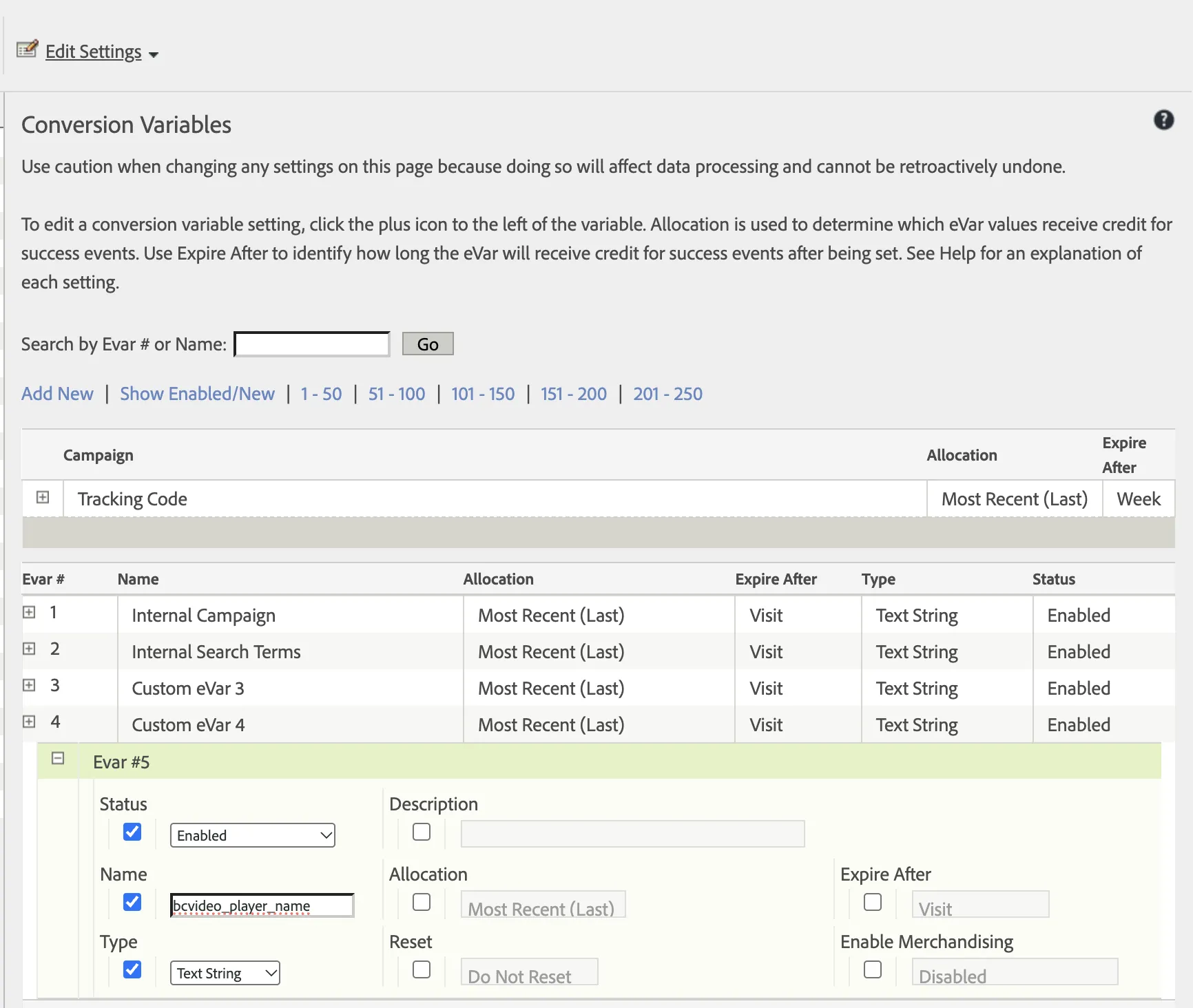Conversion Variables in the Adobe Analytics Report Suite Manager, with a new eVar named bcvideo_player_name set to Enabled and Text String