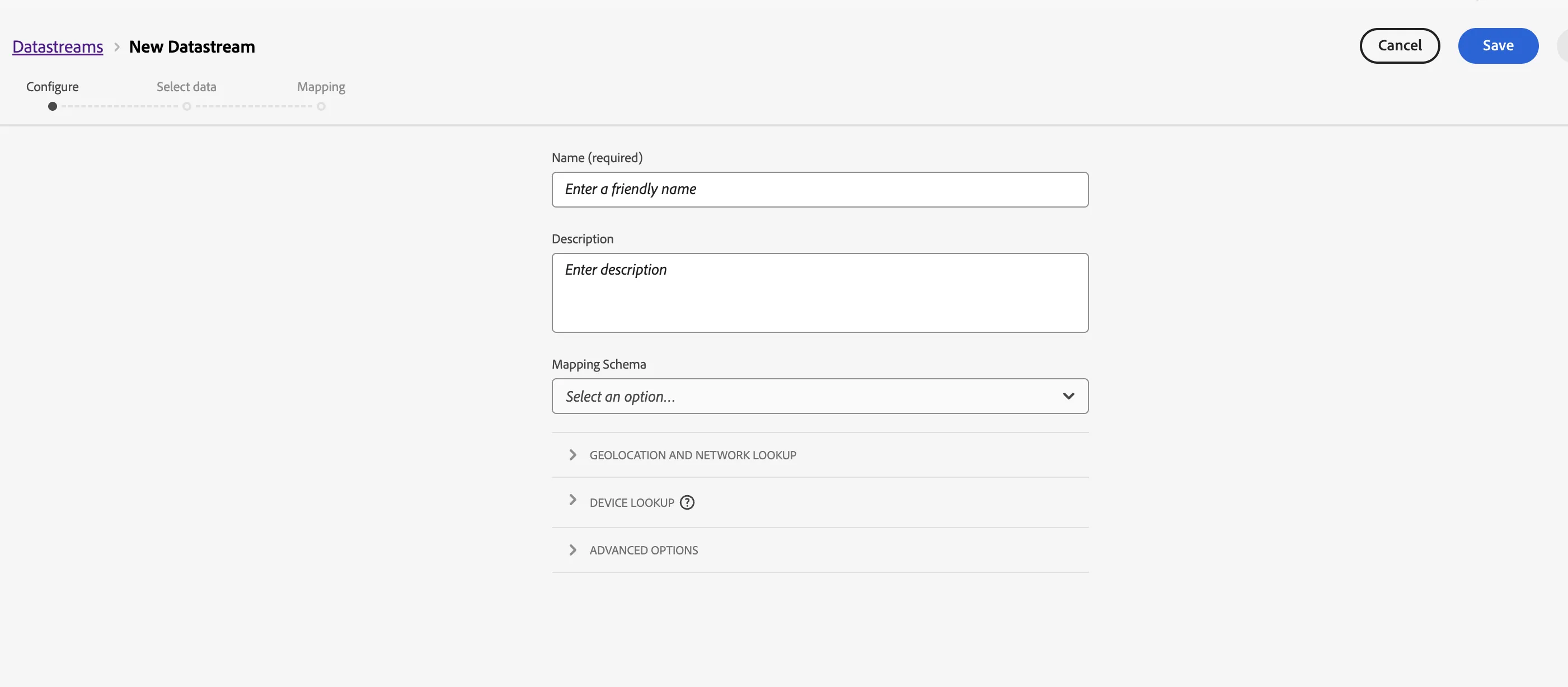 Creating a new datastream in the Adobe Data Collection UI