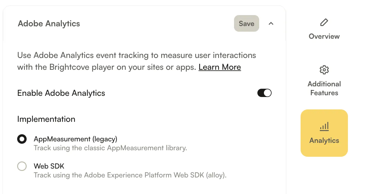 Implementation selector in the Players module Adobe Analytics settings, with AppMeasurement (legacy) and Web SDK options