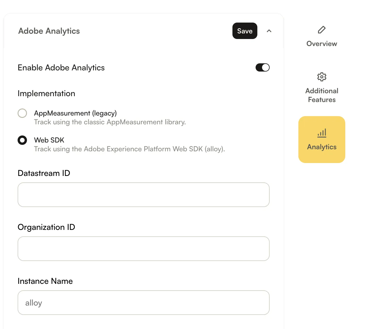 Web SDK connection fields in the Players module: Datastream ID, Organization ID, and Instance Name