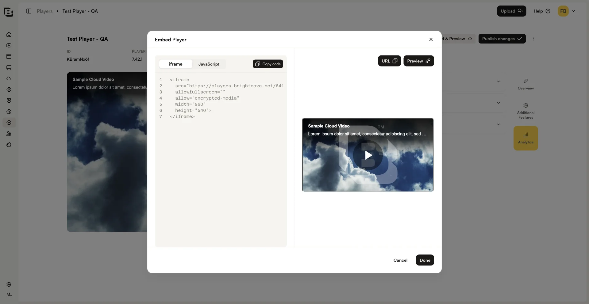 Embed Player dialog
