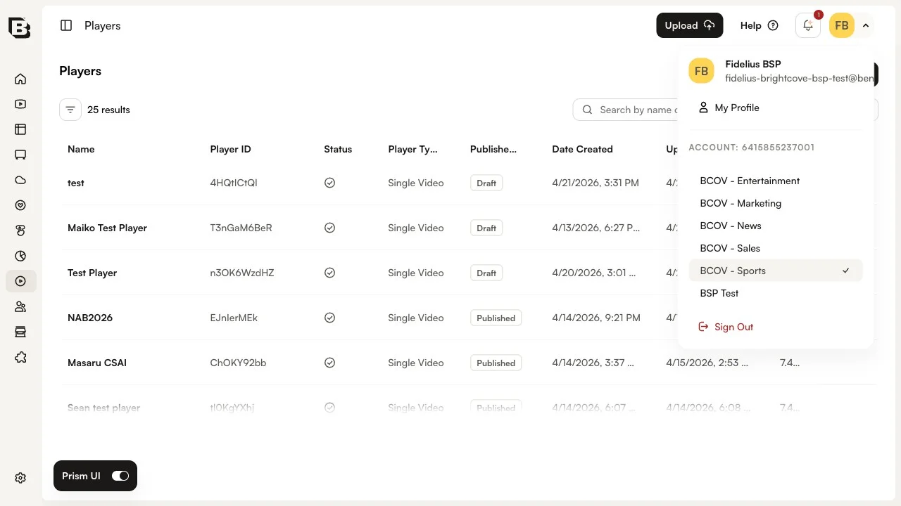 Profile menu showing the current account