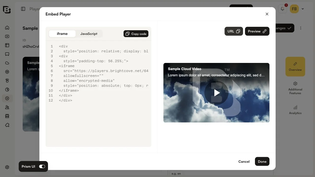Embed Player dialog with embed code and Player URL