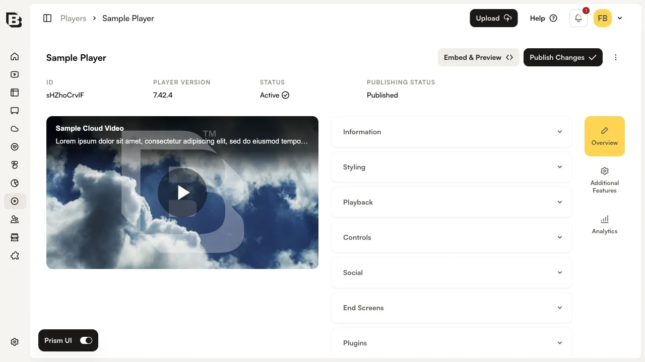 Sample Player properties page with preview player