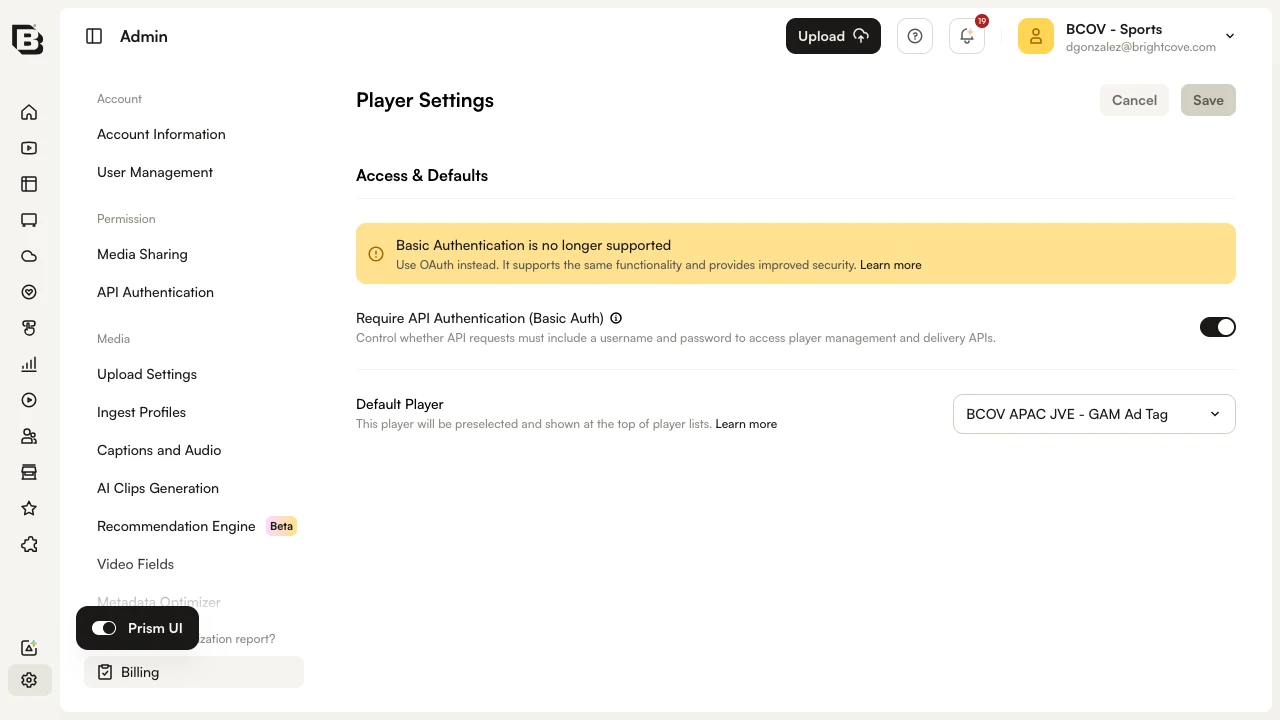 Default Player dropdown in the Admin Player Settings page