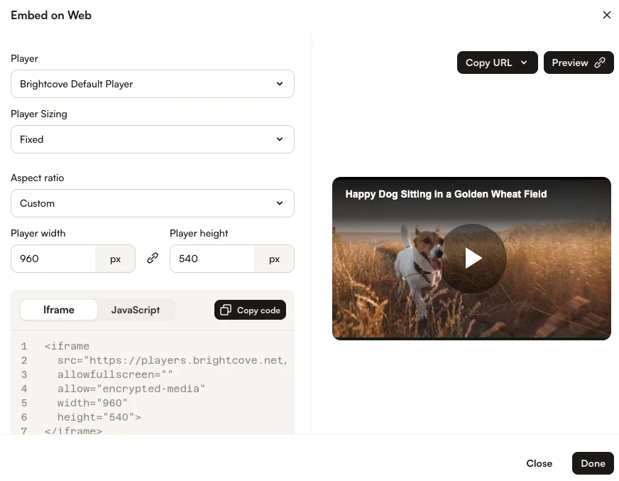 Embed on Web dialog showing Player, Sizing, Aspect ratio options with Iframe and JavaScript code tabs